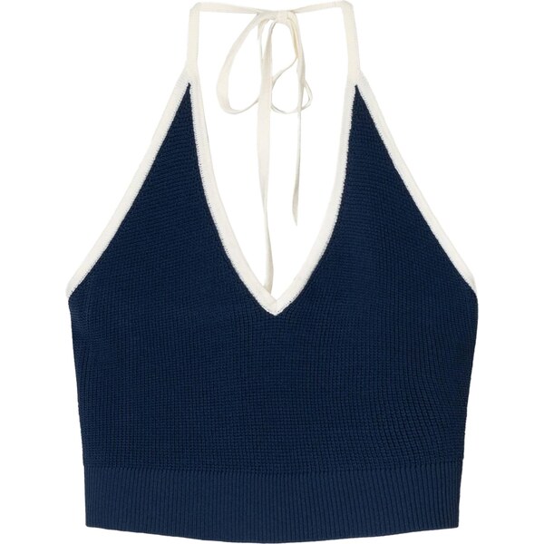 Bershka Vyšívaný top námornícka modrá / biela 65880215