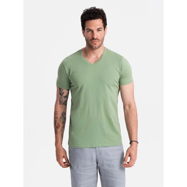 Ombre Clothing Bavlnené pánske zelené tričko s V-výstrihom V11-TSBS 64038174