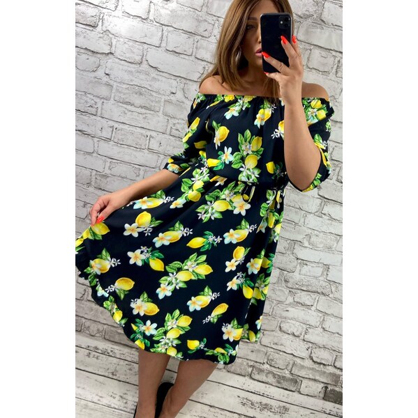 Šaty s potlačou citrónov s elastickým výstrihom čierne 64074740