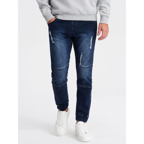 Ombre Clothing Trendy tmavomodré rifľové joggery s ozdobnými 64195000