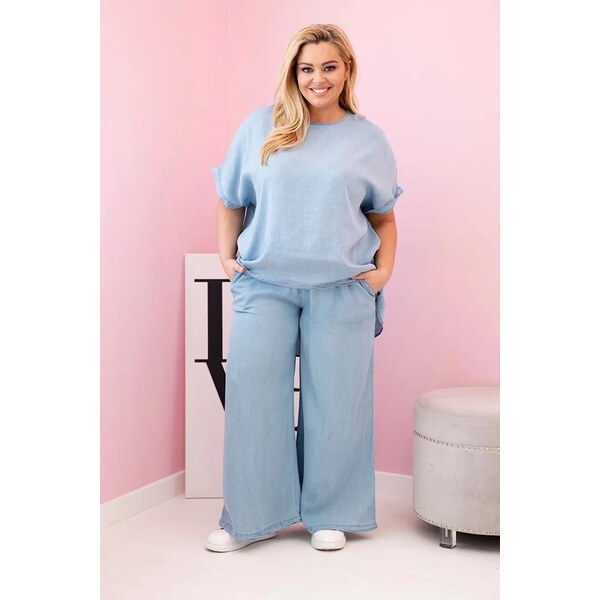 MladaModa Oversize súprava z tencelu, blúzka a nohavice s viazaním 65082675