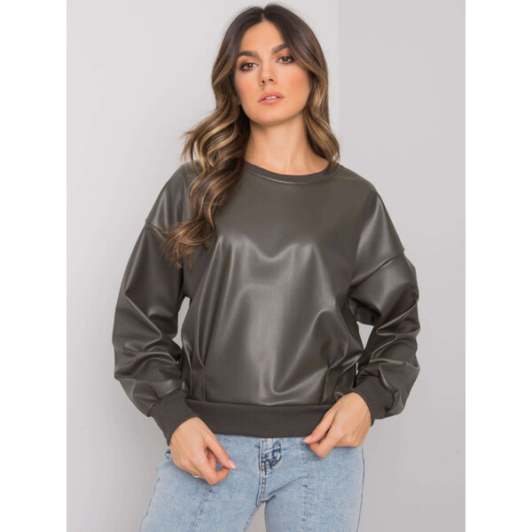 RUE PARIS Khaki mikina Ancora s prednou časťou z eko kože RV-BL-7352 57948762