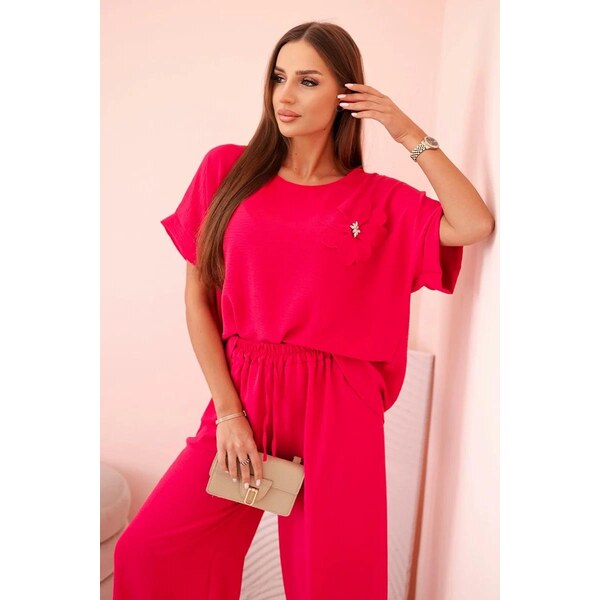 MladaModa Viskózová súprava s ozdobným kvetom a so širokými nohavicami 65082724