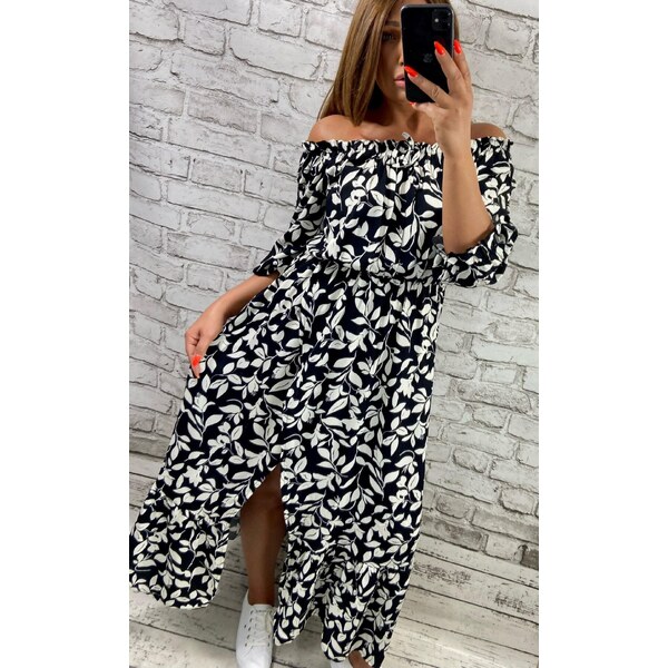 Dlhé šaty so vzorom lístkov a rozparkom čierne 64333916