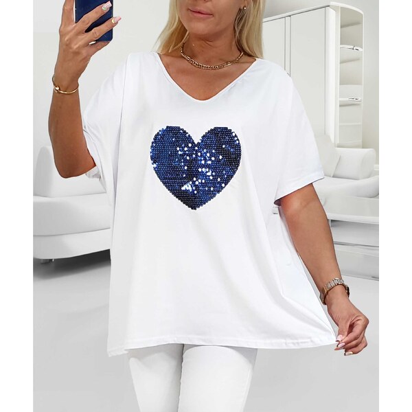 Bavlnené tričko s modrým flitrovaným srdcom biele 64374217