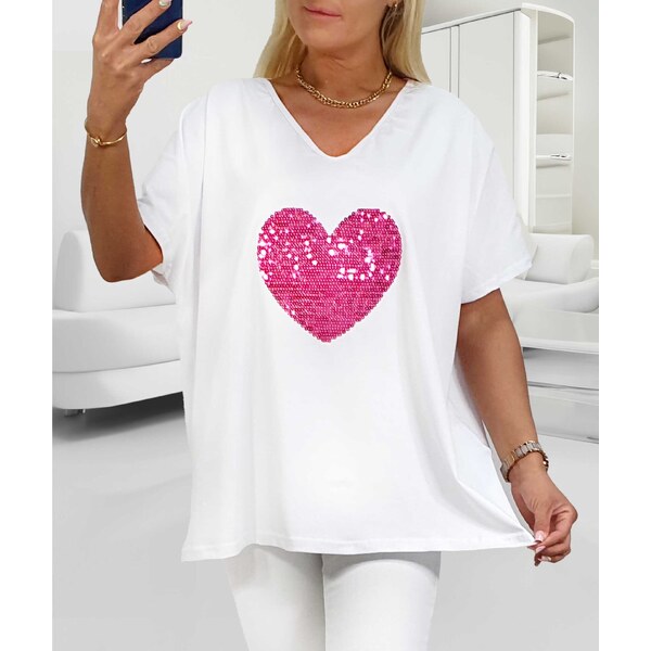 Bavlnené tričko s ružovým flitrovaným srdcom biele 64374218