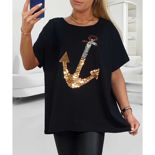 Bavlnené tričko s dvojfarebnou flitrovanou kotvou čierne 64374219