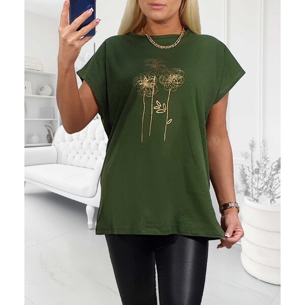 Tričko so zlatými kvetmi zelené 64390957