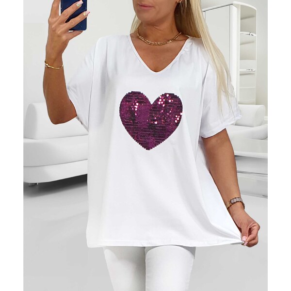 Bavlnené tričko s fialovým flitrovaným srdcom biele 64395664