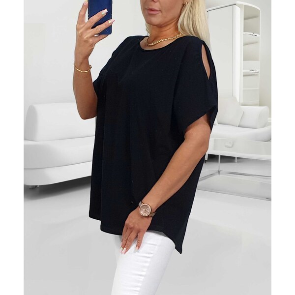 Bavlnené tričko s výrezmi na ramenách čierne 64396226