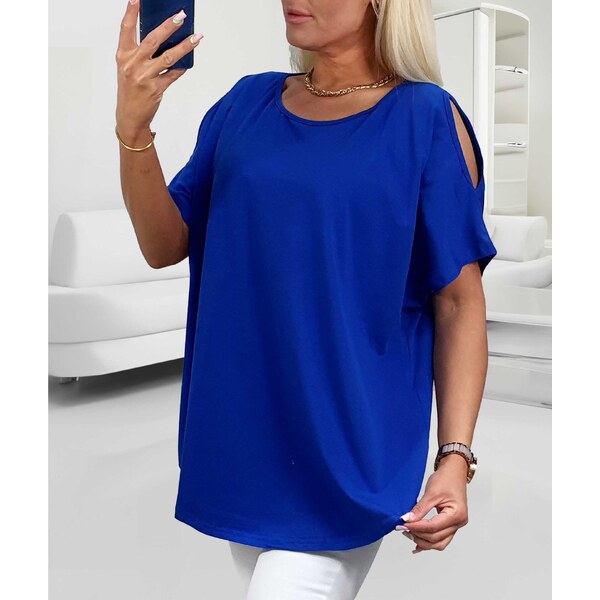 Bavlnené tričko s výrezmi na ramenách kráľovská modrá 64396227