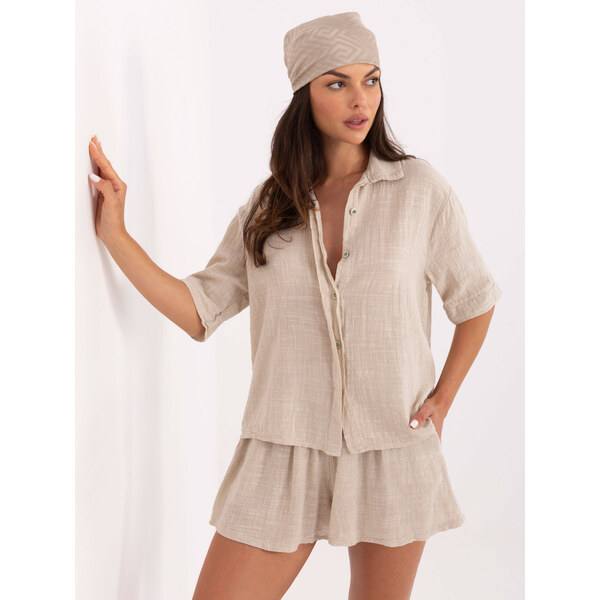 BASIC Béžový bavlnený letný komplet košele a šortiek TW-KMPL-BI-30480 64414948