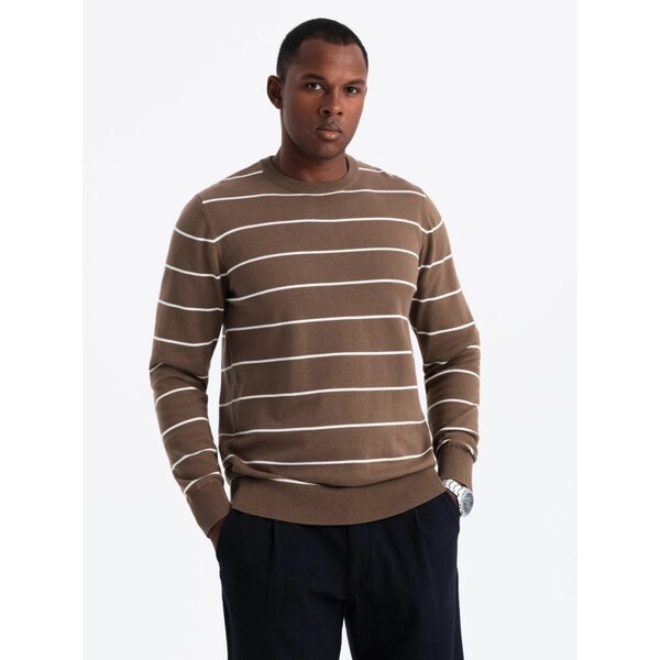 Ombre Clothing Pánsky hnedý sveter s pásikmi V3 SWSW-0143 64419235