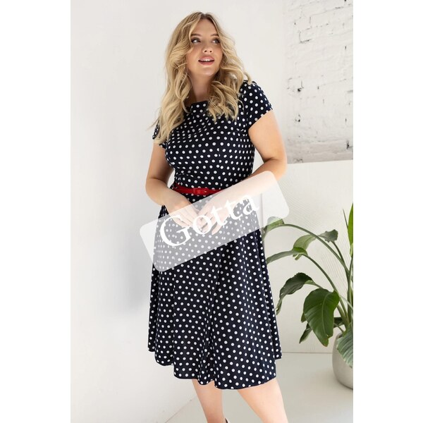 Bodkované šaty s červeným opaskom tmavomodré 54605653