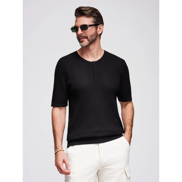 Ombre Clothing Čierne pánske tričko z úpletu a s gombíkmi V2 TSCT-0254 64434238