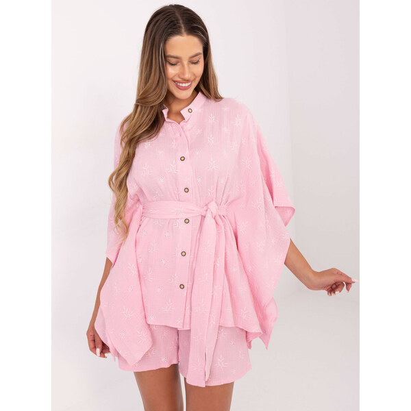 BASIC Svetloružový letný dámsky komplet s kimonovou košeľou a kraťasmi 64463772
