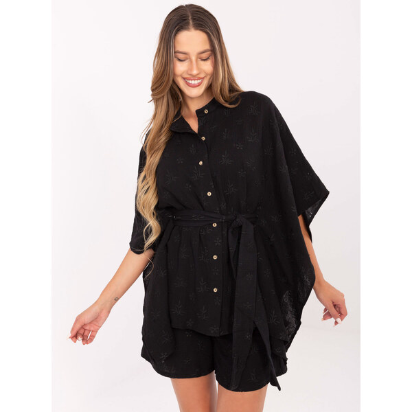 BASIC Čierny letný dámsky komplet s kimonovou košeľou a kraťasmi LK 64470001