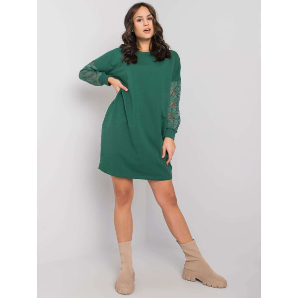 RUE PARIS Tmavozelené mikinové šaty Alexxie s čipkovými rukávmi RV-SK 57948771
