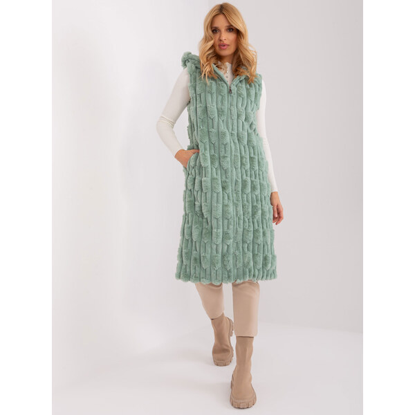 ITALY MODA Mintová midi kožušinová vesta AT-KZ-2368-1.07-pistacio 57954376