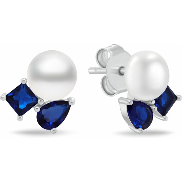 Brilio Silver Nežné strieborné náušnice s modrými zirkónmi a perlou 66588155