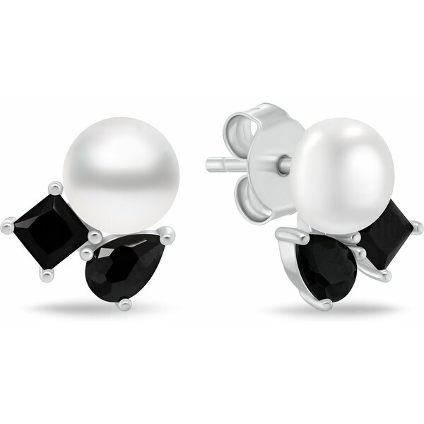 Brilio Silver Nežné strieborné náušnice s čiernymi zirkónmi a perlou 66585425