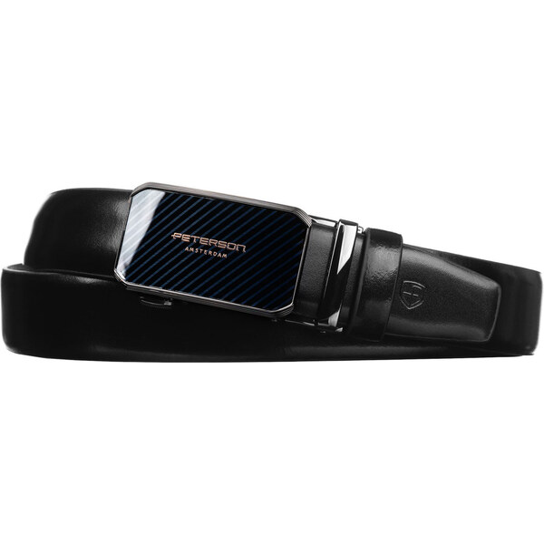 Pánsky čierny kožený opasok so striebornou automatickou prackou - 64601651
