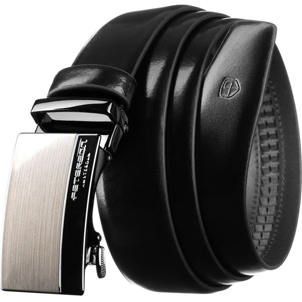 Čierny pánsky kožený opasok s automatickou striebornou prackou - 64601655