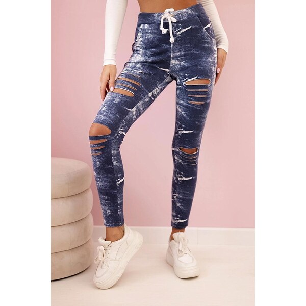 MladaModa Bavlnené legíny s džínsovým vzorom a potrhaným vzhľadom 64822972