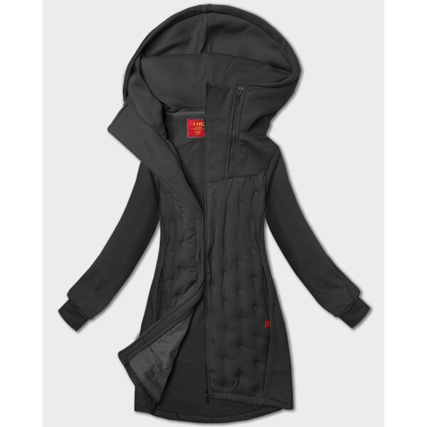 Dlhá dámska mikina v grafitovej farbe so stojacím golierom a kapucňou 64913589