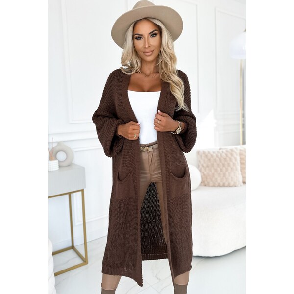 NUMOCO Čokoládovo hnedý dámsky pletený dlhý kardigan 627-2 65152077