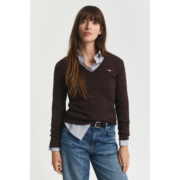 SVETER GANT STRETCH COTTON CABLE V-NECK DEEP BROWN 64936773
