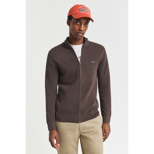 SVETER GANT COTTON PIQUE ZIP CARDIGAN BROWN MELANGE 64936804