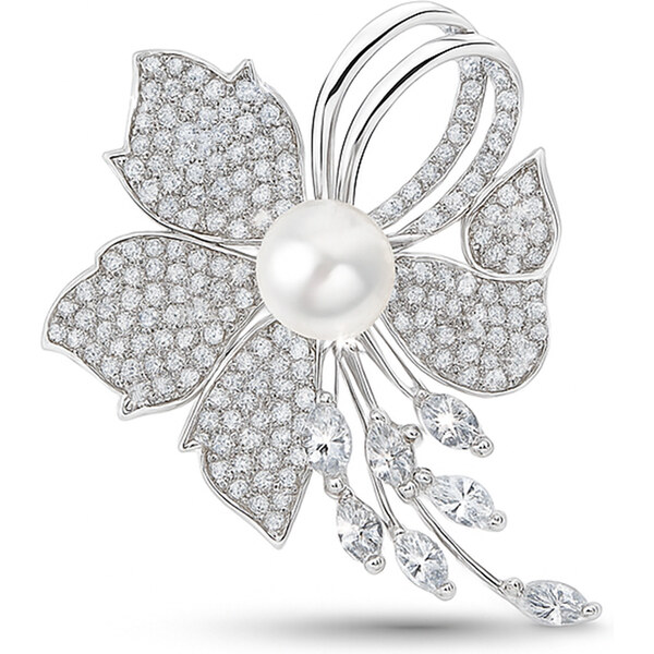 Troli Trblietavá kvetinová brošňa s umelou perlou Silver 66853376