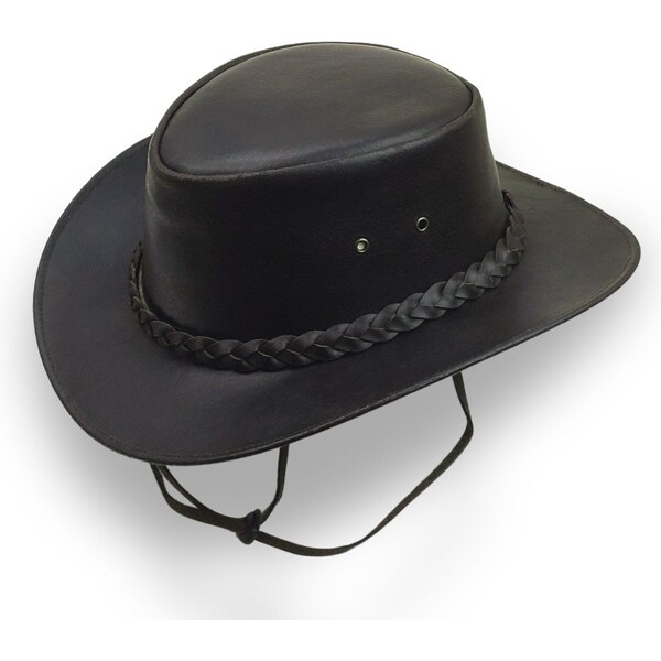 KRUMLOVANKA Austrálsky tmavo hnedý kožený klobúk s nastaviteľným 64947195