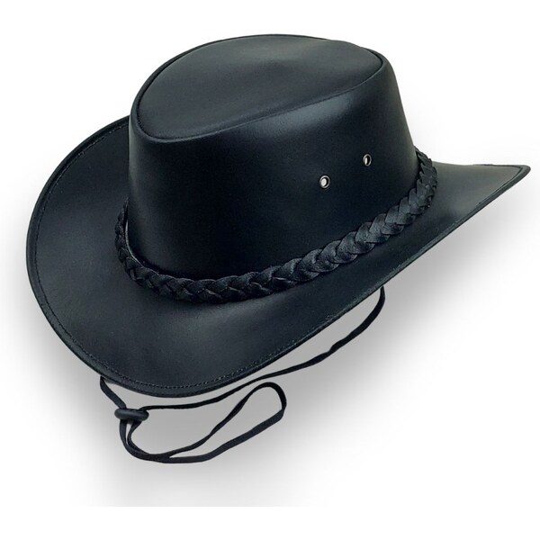 KRUMLOVANKA Austrálsky čierny kožený klobúk s nastaviteľným remienkom 64947196