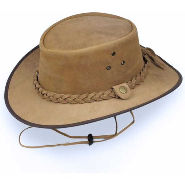 KRUMLOVANKA Austrálsky kožený klobúk s nastaviteľným remienkom hnedý 64947198
