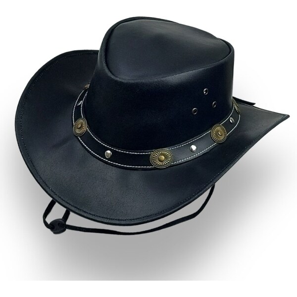 KRUMLOVANKA Austrálsky kožený klobúk čierny s nastaviteľným remienkom 64947199