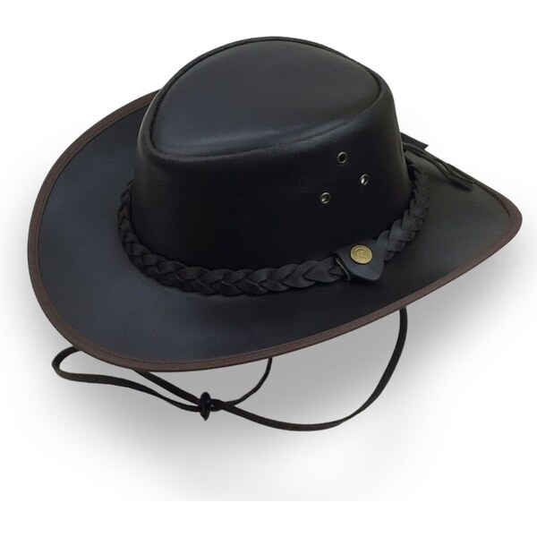 KRUMLOVANKA Austrálsky kožený klobúk s nastaviteľným remienkom tmavo 64949461