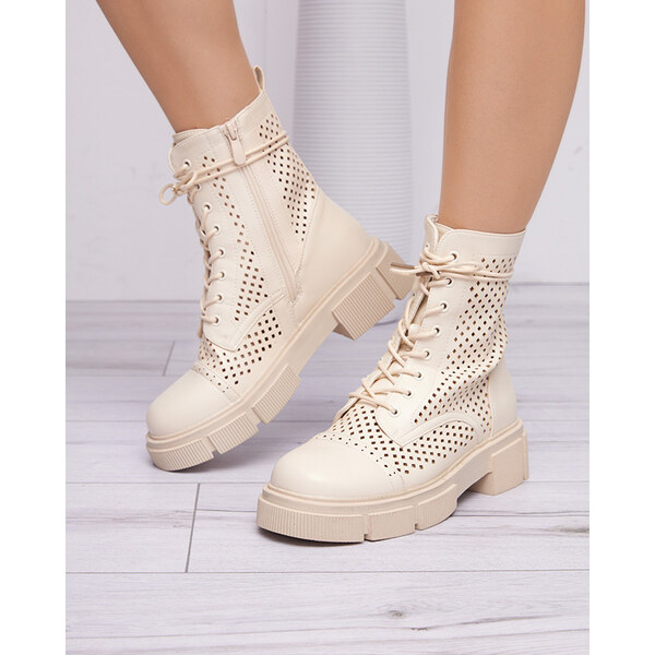 Resti Openwork beige womens boots with flat heels Rolika - Footwear 64979027