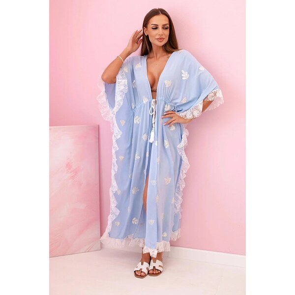 K-Fashion Dámsky boho plášť z viskózy s čipkou modrý 65551238