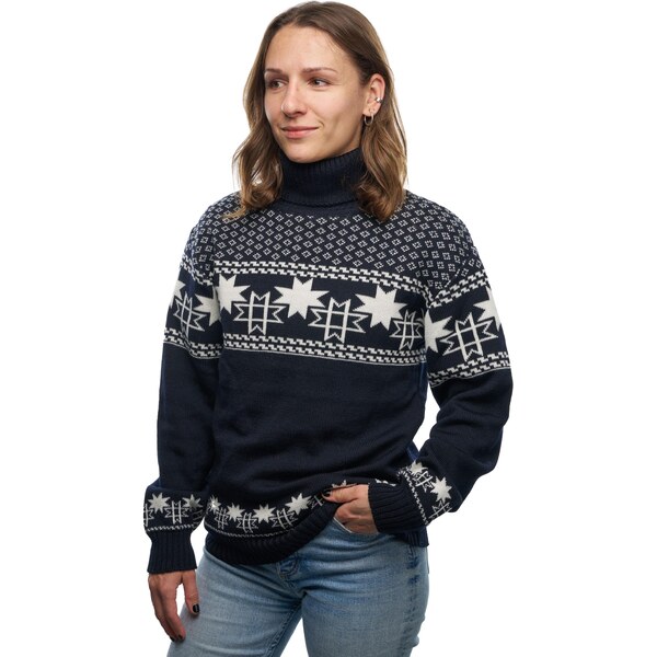 Vlnený sveter s nórskym vzorom Vlnka S21 modrá veľkosti oblečenia S/M 65797020