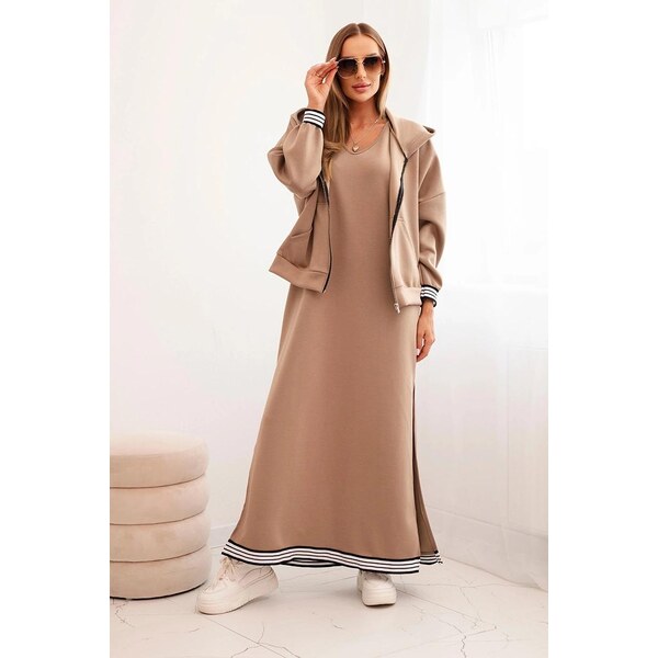 MladaModa Komplet dlhých šiat a mikiny na zips model 00103 farba fango 65082529