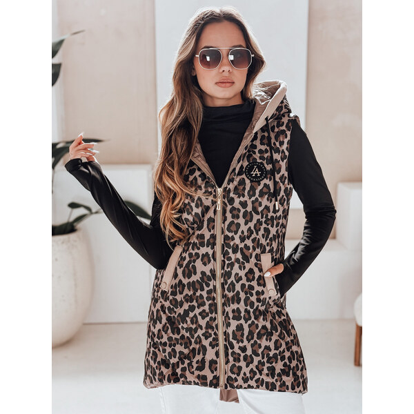 BASIC Béžová dámska asymetrická prešívaná vesta s leopardím vzorom 65135672