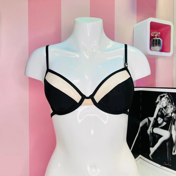 Victorias Secret Unlined Demi Black Satin Nude Mesh 65202507