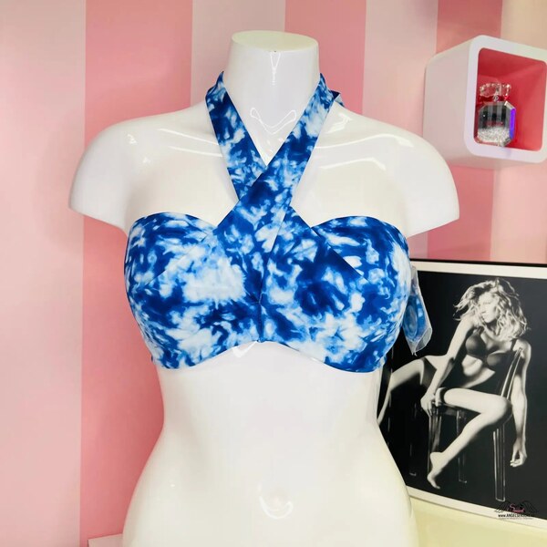 PINK Elegantný Modro-Biely Horný Diel Plavok s Unikátnym Viazaním 65202745