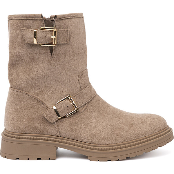 Shelvt Beige suede ankle boots with decorative buckles 65208195