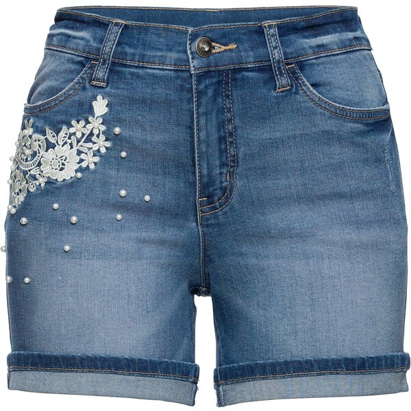 bonprix Džínsové šortky so zdobením, stredná výška pásu, farba modrá 44733434