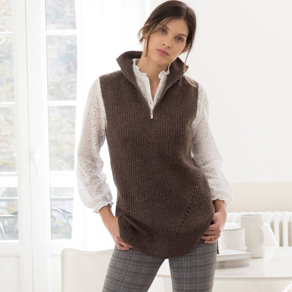 Tuniková vesta so stojačikom na zips čokoládová 054 Blancheporte 65218592