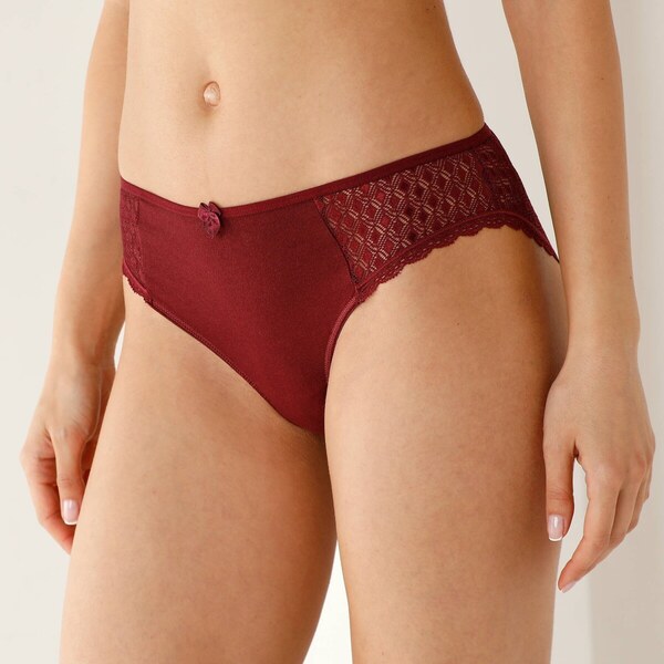 Súprava 2 jednofarebných midi nohavičiek Coria z bavlny a čipky bordó 65218770