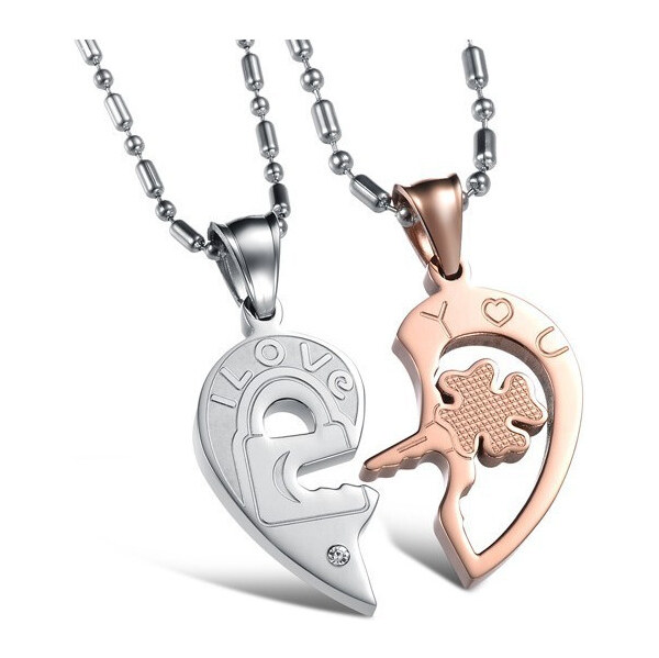 Impress Jewelry Oceľové prívesky pre pár štvorlístok a kľúč zlatý 65221752